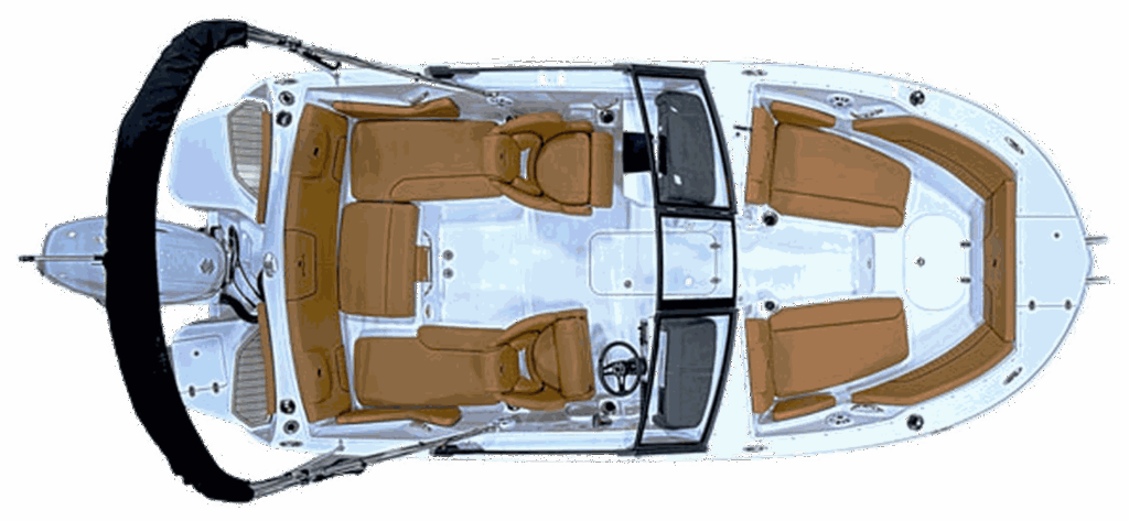 Overhead view of the Stingray 20 SBX sport boat showing the full deck layout and tan interior.